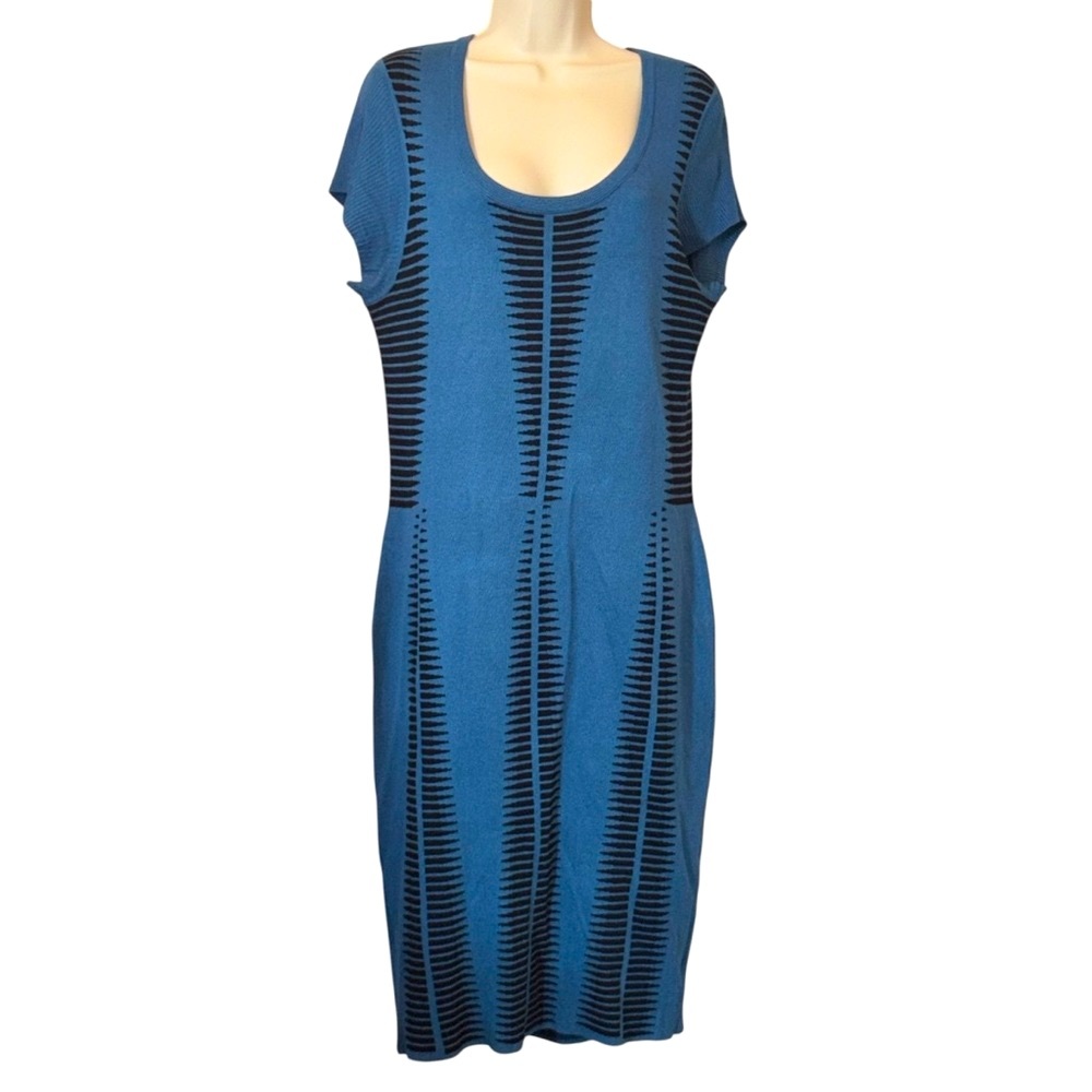 Ashley Stewart Women’s Blue Black Striped‎ Midi Dress Size 14/16 Artsy Modern